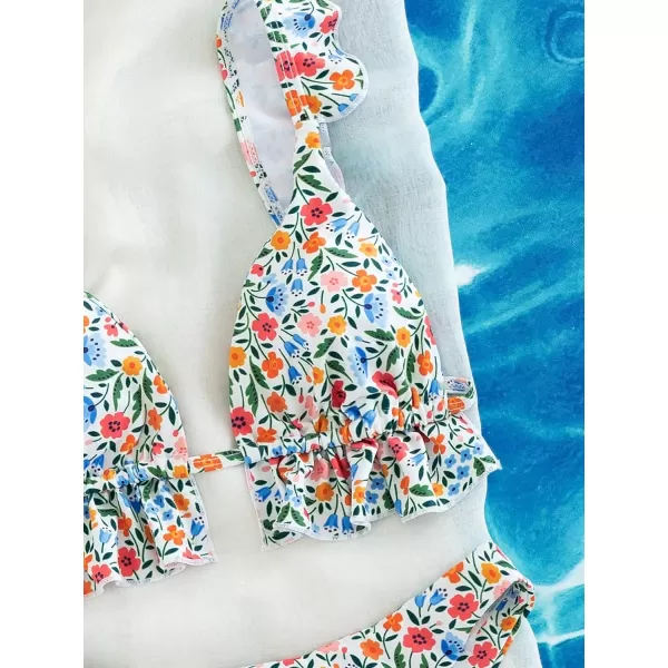 WDIRARA Women's Floral Print Tie Front Frill Trim Triangle Bikini Swimsuit