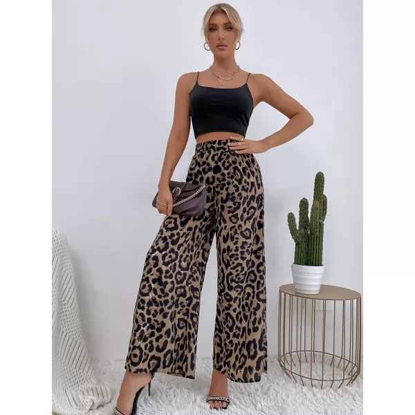 WDIRARA Women's Leopard Print Elastic High Waist Wide Leg Pants Casual Pants