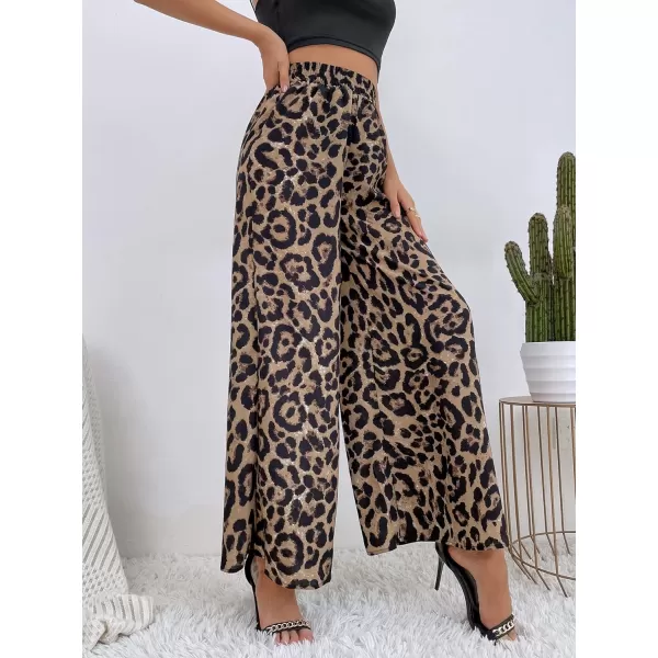 WDIRARA Women's Leopard Print Elastic High Waist Wide Leg Pants Casual Pants