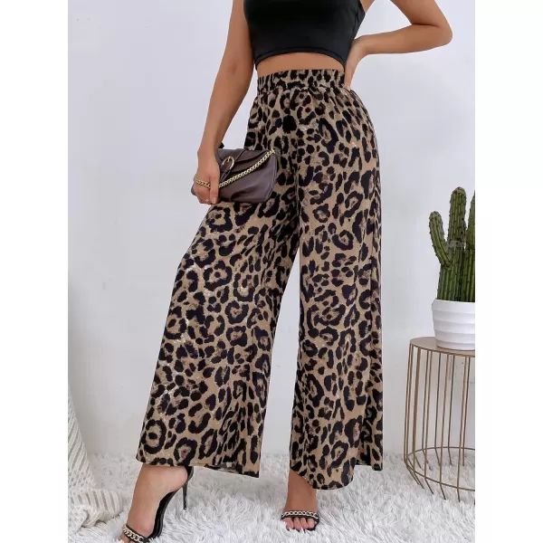 WDIRARA Women's Leopard Print Elastic High Waist Wide Leg Pants Casual Pants