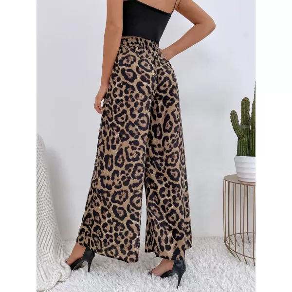 WDIRARA Women's Leopard Print Elastic High Waist Wide Leg Pants Casual Pants