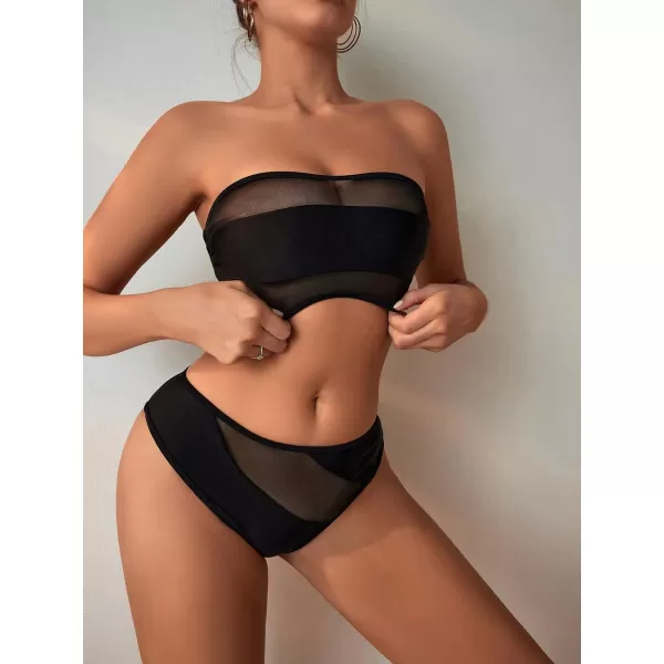 WDIRARA Women's Mesh Strapless Bandeau Bikini Set Swimsuit 2 Piece Bathing Suit