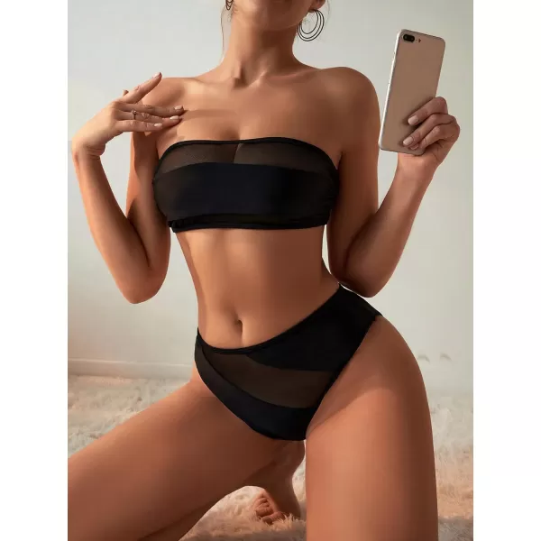 WDIRARA Women's Mesh Strapless Bandeau Bikini Set Swimsuit 2 Piece Bathing Suit