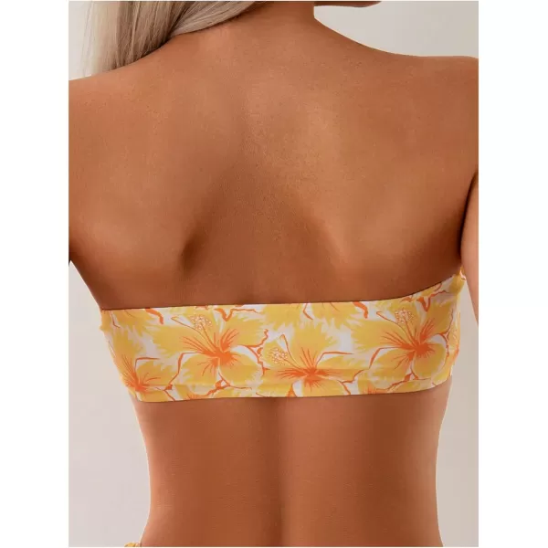 WDIRARA Women's Strapless Bandeau Smocked 2 Piece Swimsuit Floral Print O Ring Cheeky Bottom Bikini Set Bathing Suit