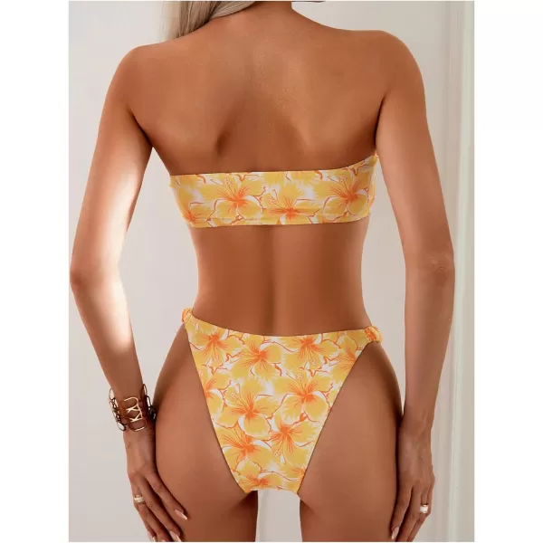 WDIRARA Women's Strapless Bandeau Smocked 2 Piece Swimsuit Floral Print O Ring Cheeky Bottom Bikini Set Bathing Suit