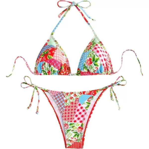 WDIRARA Women's 2 Piece Boho Swimsuits Floral Print Halter String Triangle Bikini Set Beach Bathing Suit