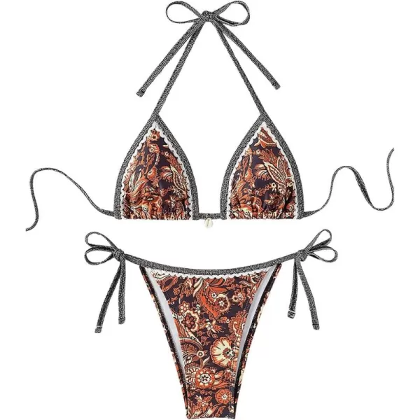 WDIRARA Women's 2 Piece Boho Swimsuits Floral Print Halter String Triangle Bikini Set Beach Bathing Suit