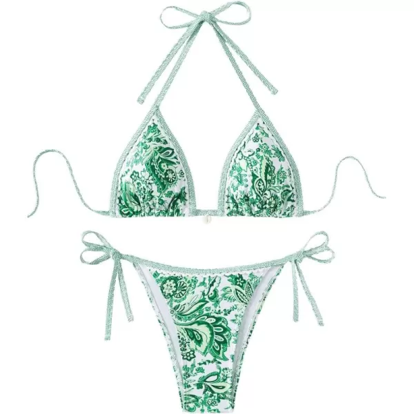 WDIRARA Women's 2 Piece Boho Swimsuits Floral Print Halter String Triangle Bikini Set Beach Bathing Suit