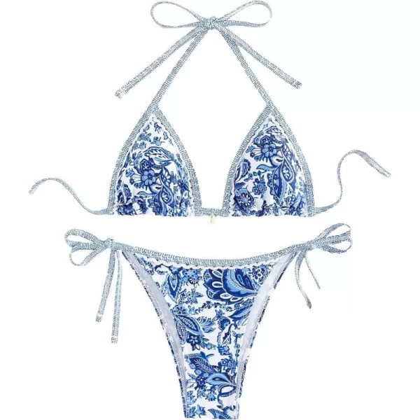WDIRARA Women's 2 Piece Boho Swimsuits Floral Print Halter String Triangle Bikini Set Beach Bathing Suit