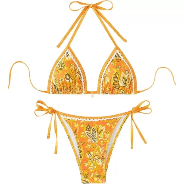 WDIRARA Women's 2 Piece Boho Swimsuits Floral Print Halter String Triangle Bikini Set Beach Bathing Suit