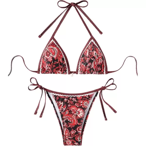 WDIRARA Women's 2 Piece Boho Swimsuits Floral Print Halter String Triangle Bikini Set Beach Bathing Suit