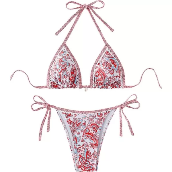 WDIRARA Women's 2 Piece Boho Swimsuits Floral Print Halter String Triangle Bikini Set Beach Bathing Suit