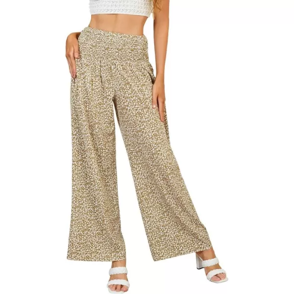 WDIRARA Women's Boho Floral Print Shirred Elastic High Waist Wide Leg Pants