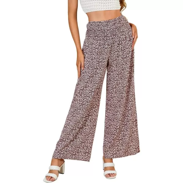 WDIRARA Women's Boho Floral Print Shirred Elastic High Waist Wide Leg Pants