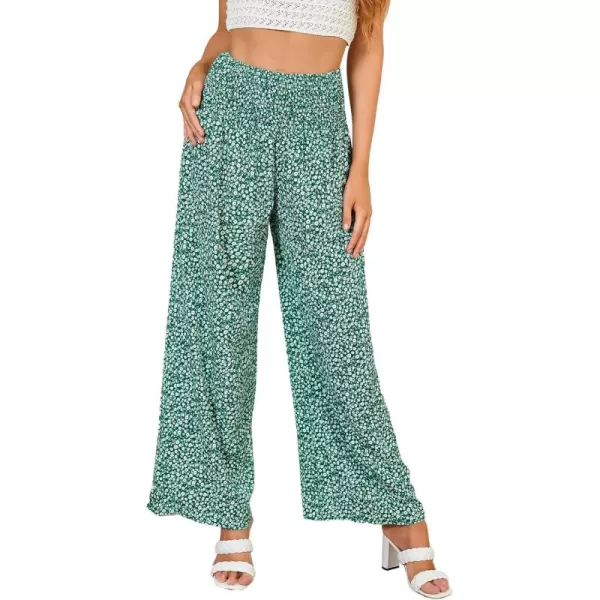 WDIRARA Women's Boho Floral Print Shirred Elastic High Waist Wide Leg Pants