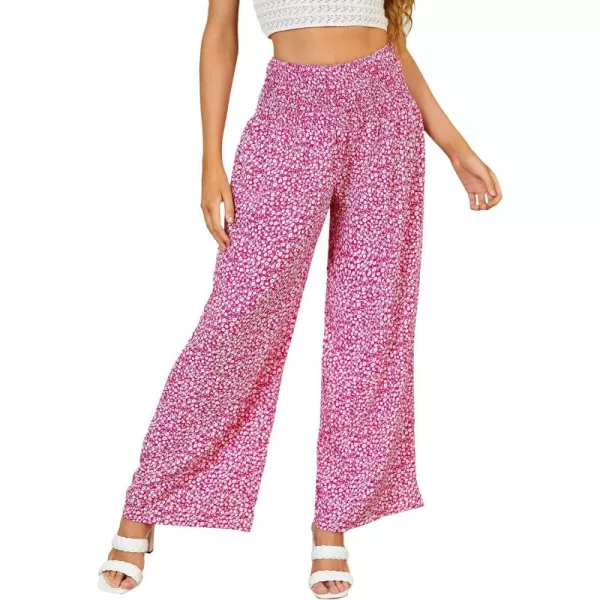 WDIRARA Women's Boho Floral Print Shirred Elastic High Waist Wide Leg Pants