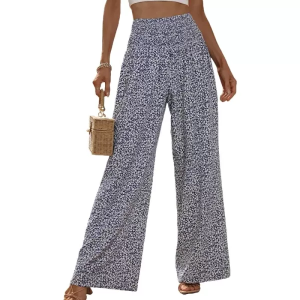 WDIRARA Women's Boho Floral Print Shirred Elastic High Waist Wide Leg Pants