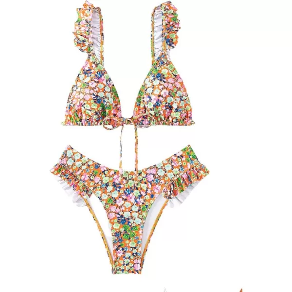 WDIRARA Women's Floral Print Tie Front Frill Trim Triangle Bikini Swimsuit