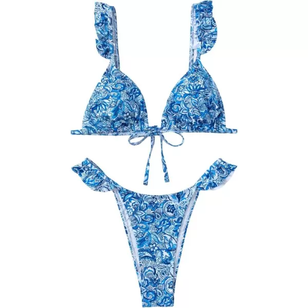 WDIRARA Women's Floral Print Tie Front Frill Trim Triangle Bikini Swimsuit