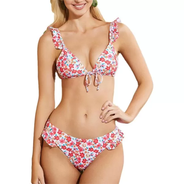 WDIRARA Women's Floral Print Tie Front Frill Trim Triangle Bikini Swimsuit