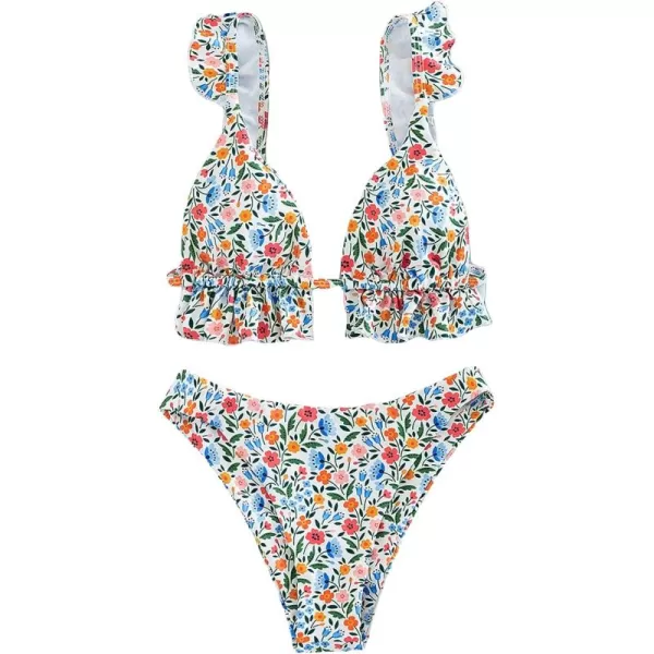 WDIRARA Women's Floral Print Tie Front Frill Trim Triangle Bikini Swimsuit