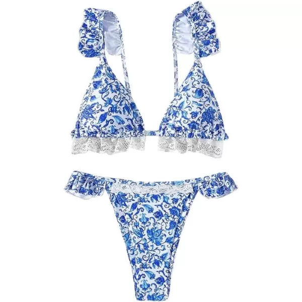 WDIRARA Women's Floral Print Tie Front Frill Trim Triangle Bikini Swimsuit