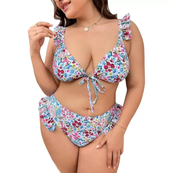 WDIRARA Women's Floral Print Tie Front Frill Trim Triangle Bikini Swimsuit
