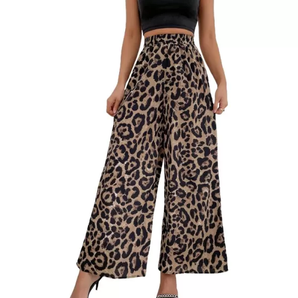 WDIRARA Women's Leopard Print Elastic High Waist Wide Leg Pants Casual Pants