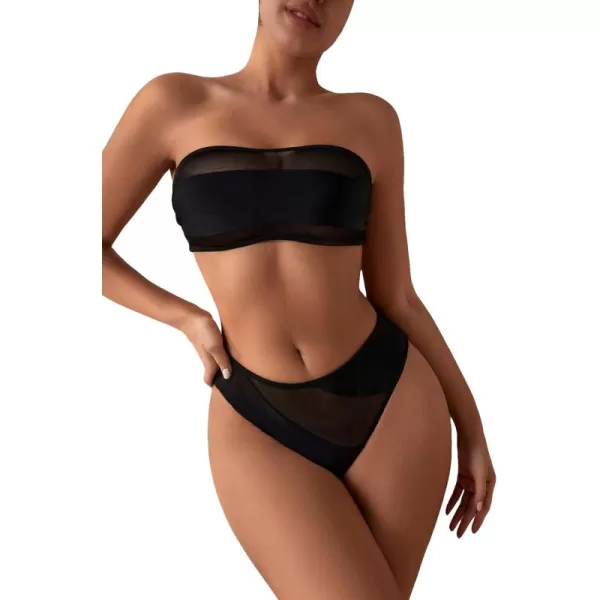 WDIRARA Women's Mesh Strapless Bandeau Bikini Set Swimsuit 2 Piece Bathing Suit