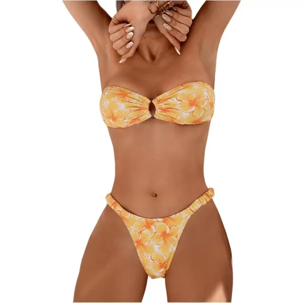 WDIRARA Women's Strapless Bandeau Smocked 2 Piece Swimsuit Floral Print O Ring Cheeky Bottom Bikini Set Bathing Suit