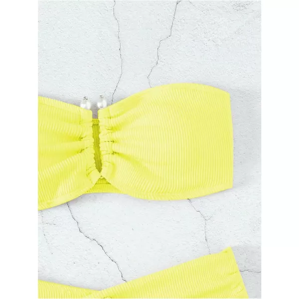 WDIRARA Women's 2 Piece Bikini Set Rib Knit Strapless Knot Front High Waist Swimsuit Set