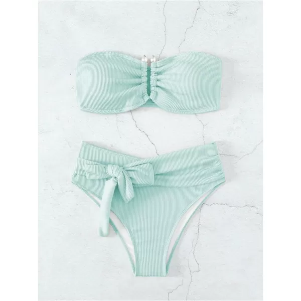 WDIRARA Women's 2 Piece Bikini Set Rib Knit Strapless Knot Front High Waist Swimsuit Set