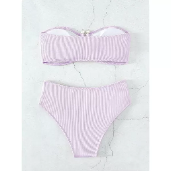 WDIRARA Women's 2 Piece Bikini Set Rib Knit Strapless Knot Front High Waist Swimsuit Set