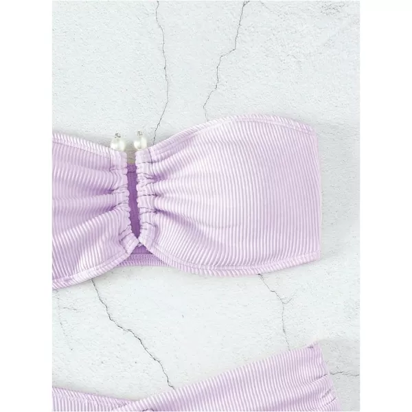 WDIRARA Women's 2 Piece Bikini Set Rib Knit Strapless Knot Front High Waist Swimsuit Set