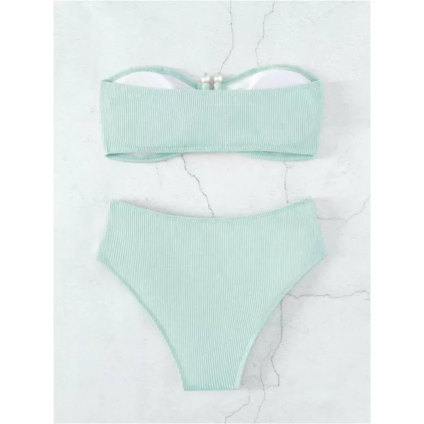 WDIRARA Women's 2 Piece Bikini Set Rib Knit Strapless Knot Front High Waist Swimsuit Set