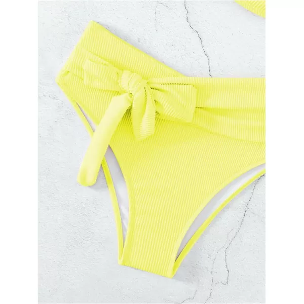 WDIRARA Women's 2 Piece Bikini Set Rib Knit Strapless Knot Front High Waist Swimsuit Set
