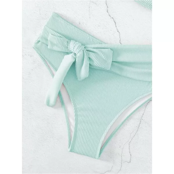 WDIRARA Women's 2 Piece Bikini Set Rib Knit Strapless Knot Front High Waist Swimsuit Set