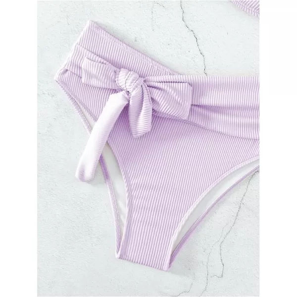WDIRARA Women's 2 Piece Bikini Set Rib Knit Strapless Knot Front High Waist Swimsuit Set