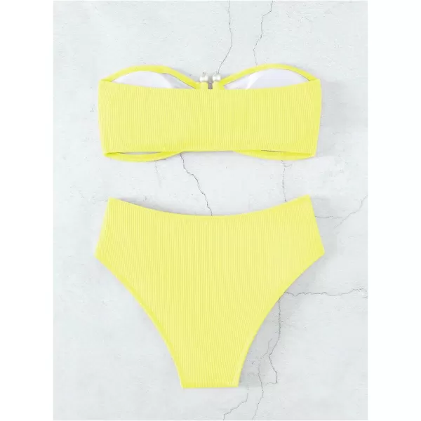WDIRARA Women's 2 Piece Bikini Set Rib Knit Strapless Knot Front High Waist Swimsuit Set