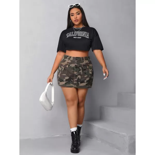 WDIRARA Women's Camouflage Print Flap Pocket High Waist Bodycon Denim Jean Skirts