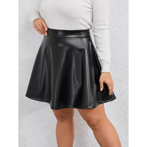 WDIRARA Women's Plus PU Leather Skater Skirt A Line Swing High Waisted Mini Skirt
