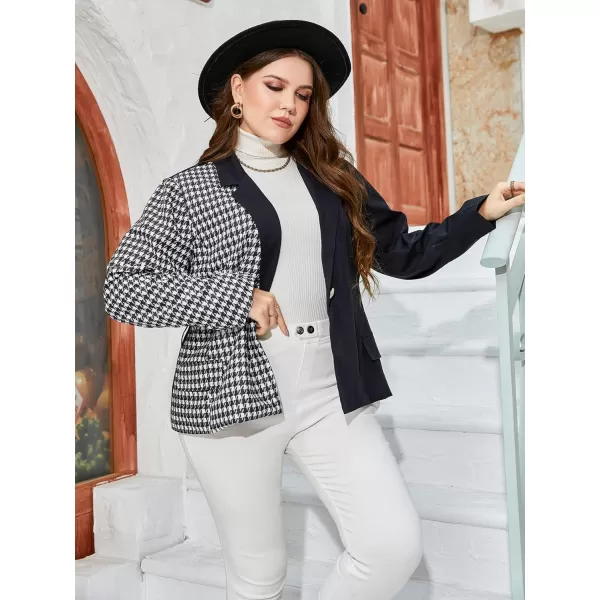 WDIRARA Women's Plus Size Colorblock Long Sleeve Houndstooth Belted Blazer Jacket