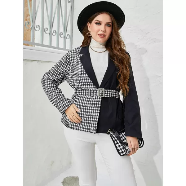 WDIRARA Women's Plus Size Colorblock Long Sleeve Houndstooth Belted Blazer Jacket