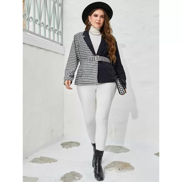 WDIRARA Women's Plus Size Colorblock Long Sleeve Houndstooth Belted Blazer Jacket