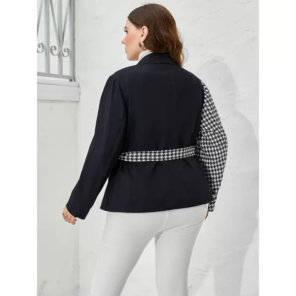 WDIRARA Women's Plus Size Colorblock Long Sleeve Houndstooth Belted Blazer Jacket