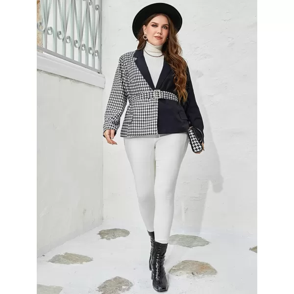 WDIRARA Women's Plus Size Colorblock Long Sleeve Houndstooth Belted Blazer Jacket
