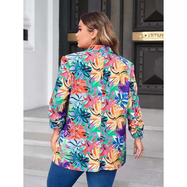 WDIRARA Women's Plus Size Floral Print Blazer Button Open Front Long Sleeve Jacket Multicolor
