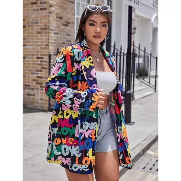 WDIRARA Women's Plus Size Floral Print Blazer Button Open Front Long Sleeve Jacket Multicolor