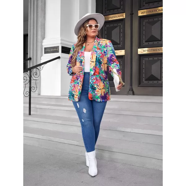 WDIRARA Women's Plus Size Floral Print Blazer Button Open Front Long Sleeve Jacket Multicolor