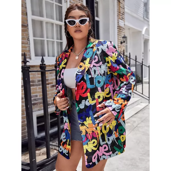 WDIRARA Women's Plus Size Floral Print Blazer Button Open Front Long Sleeve Jacket Multicolor